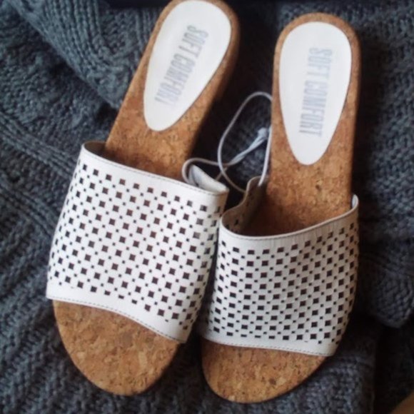 Soft Comfort White Wide Band Cork Heel Slip On Sandals Slides Slippers Size 8 - Picture 1 of 7